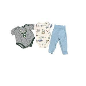 Baby Clothing Bundle – 12M – Little Planet Organic Dino Set + NBA Bucks Onesie